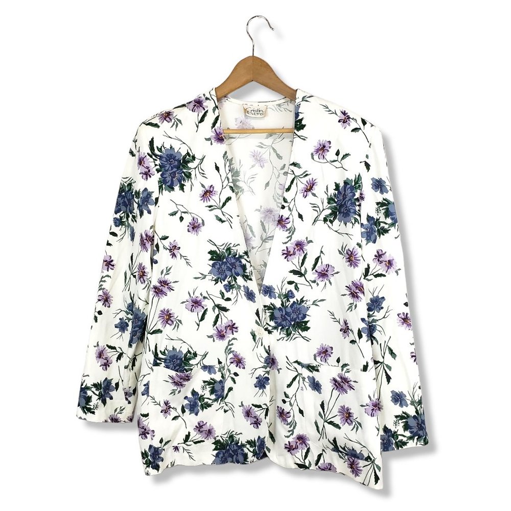 Vintage Cristin Stevens White Floral Print Oversized Single Button Blaze Large*